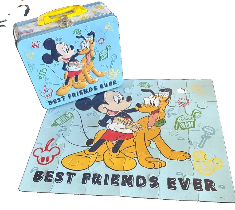 Vintage Disney Mickey Mouse Pluto Best Friends Ever Tin Puzzle Lunch Box Set